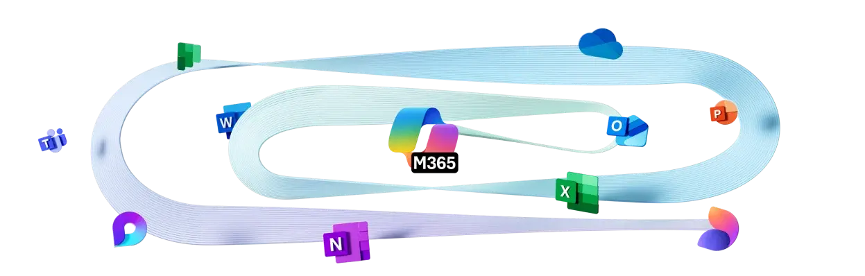 Arte oficial com aplicativos do ecossistema Microsoft 365, incluindo Teams, Outlook, OneDrive, Word, Excel, PowerPoint e Copilot.